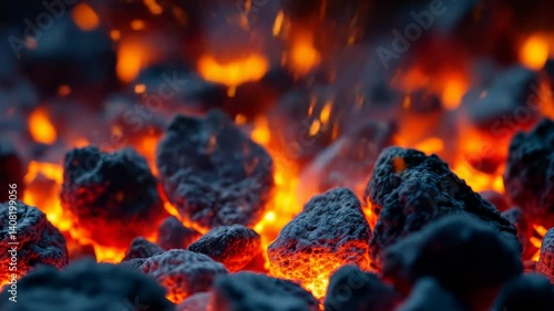 Close-up of glowing charcoal and flames with intense heat and shallow focus. Concept of raw energy and cooking fire element
