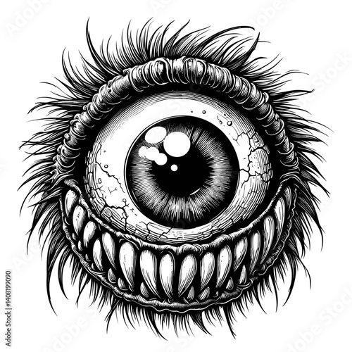 Eye-catching monster illustration with fur and a wide grin  