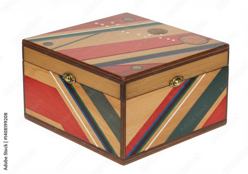 A wooden box with a colorful striped design and metal clasps sitting on a white surface in a studio shot A wooden box with a colorful striped design and metal clasps sitting on a white surface in a studio shot