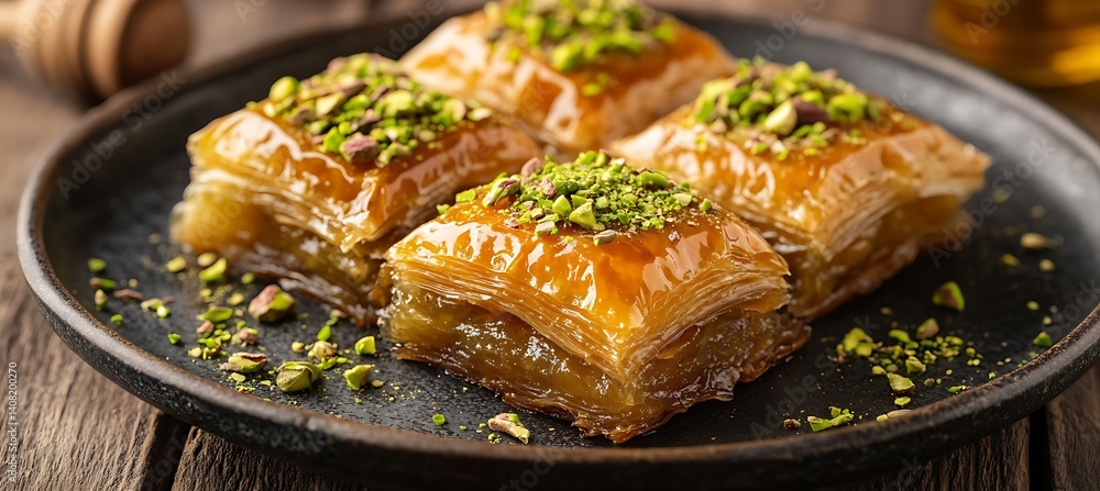 A plate of Turkish baklava with honey and crushed pistachios A plate of Turkish baklava with honey and crushed pistachios