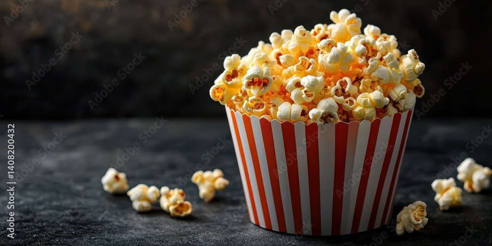 Freshly popped popcorn in a striped container on a dark background suitable for movie nights at home Freshly popped popcorn in a striped container on a dark background suitable for movie nights at home