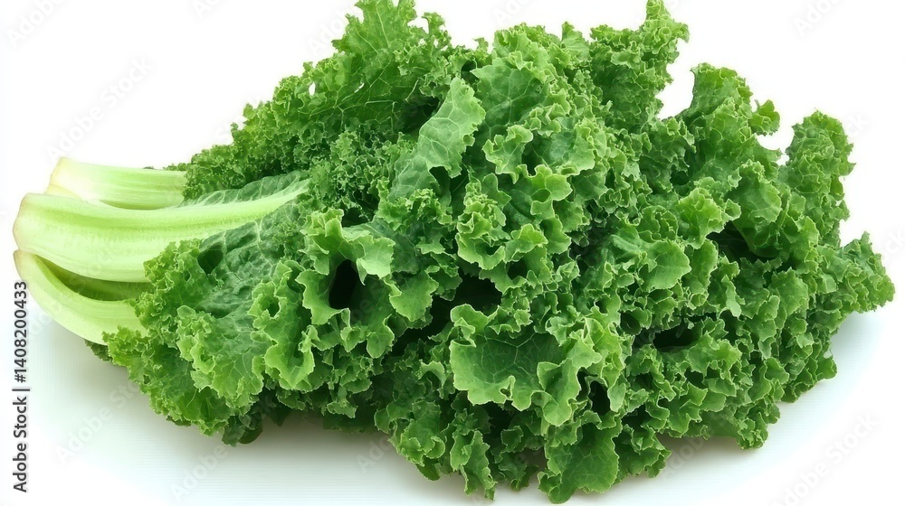 Vibrant green kale, closeup of fresh leaves on clean white backdrop fresh Vibrant green kale, closeup of fresh leaves on clean white backdrop fresh