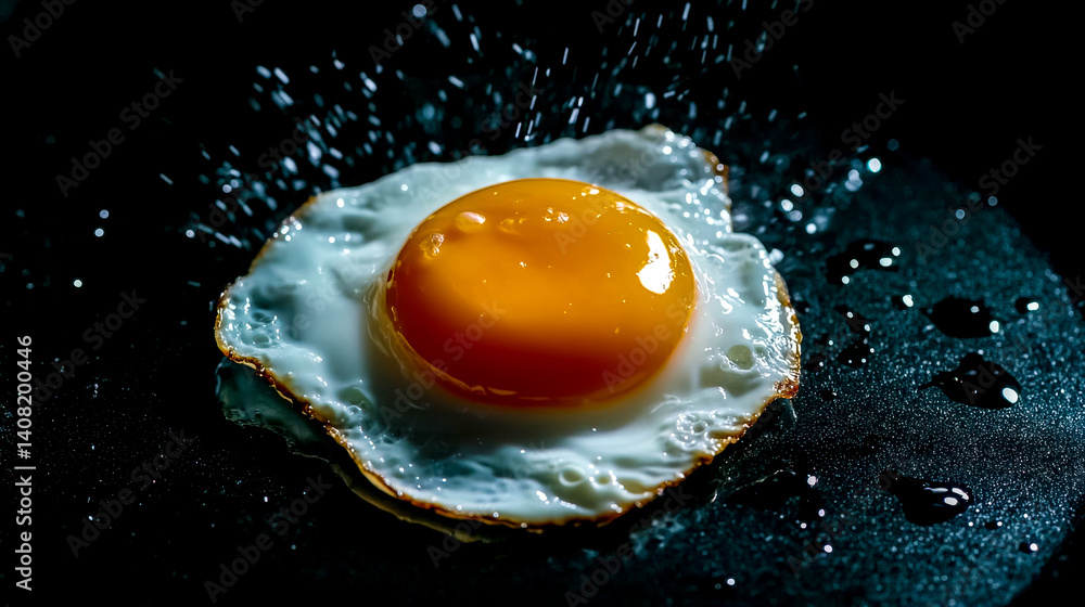 Fried egg cooking on hot pan with water splashing Fried egg cooking on hot pan with water splashing
