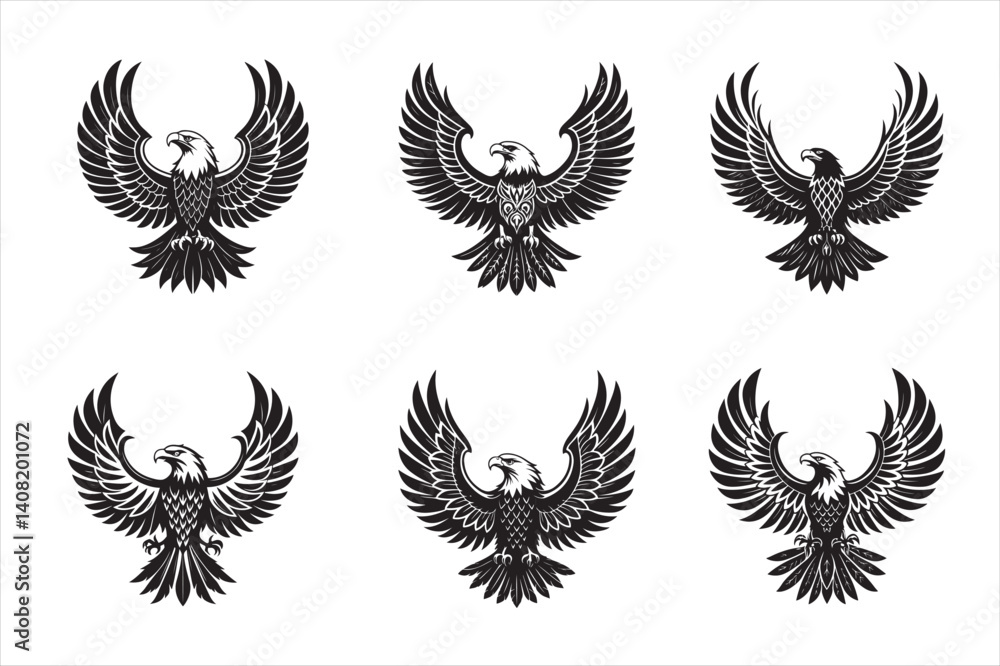A bold symmetrical silhouette of a majestic eagle. A bold symmetrical silhouette of a majestic eagle.