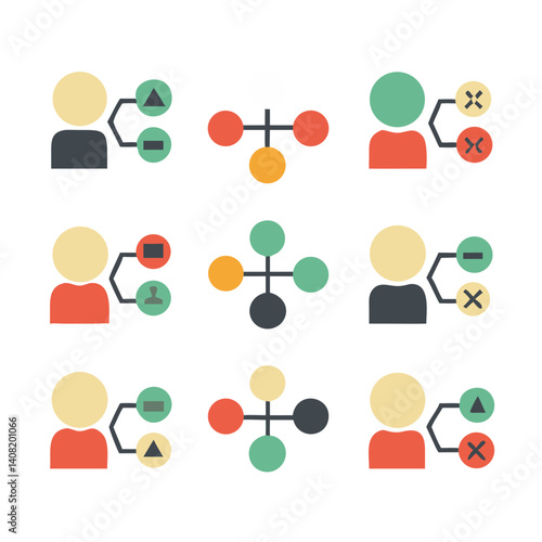 Colorful icons illustrate diverse network connections showing varied user interactions and relationships in a simple, minimalist design.