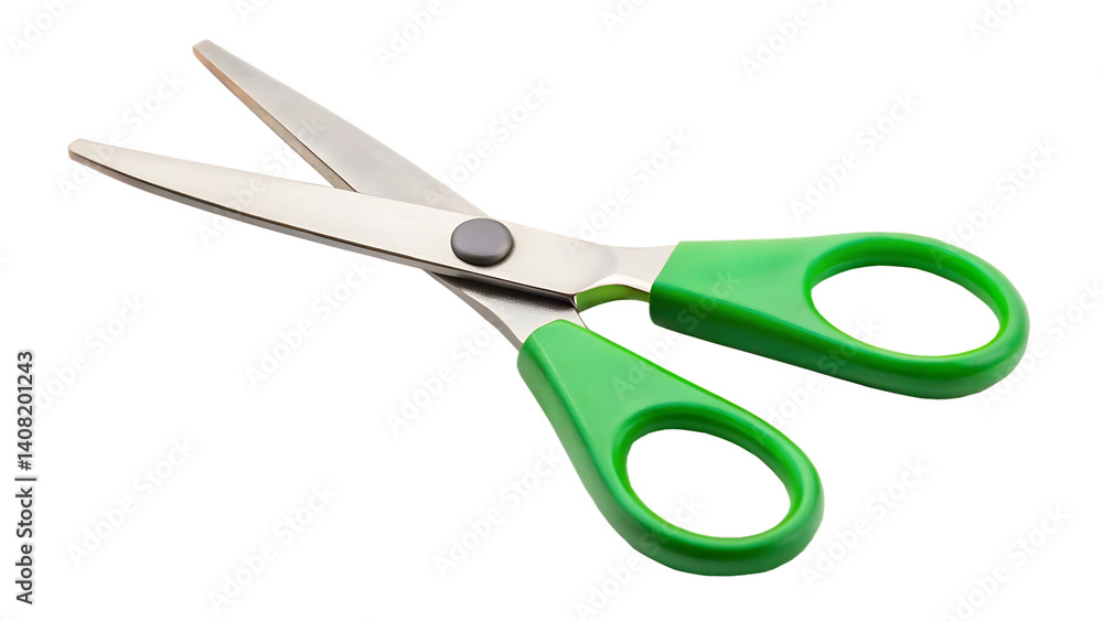 School scissors open, green handle isolated on white background PNG School scissors open, green handle isolated on white background PNG