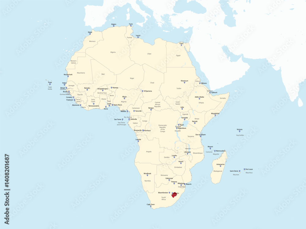 Obraz premium Detailed national location map of LESOTHO within the great continent of Africa
