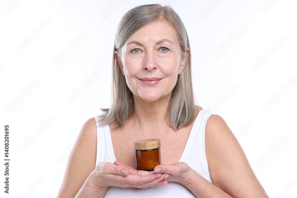 Woman with jar of collagen cream on white background Woman with jar of collagen cream on white background