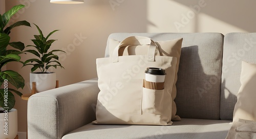 Canvas Tote Bag Mockup With Reusable Coffee Cup In Cozy Setting – Tote Bag Mockup for Eco Branding | High-quality mockup featuring canvas tote bag mockup with reusable coffee cup in cozy setting