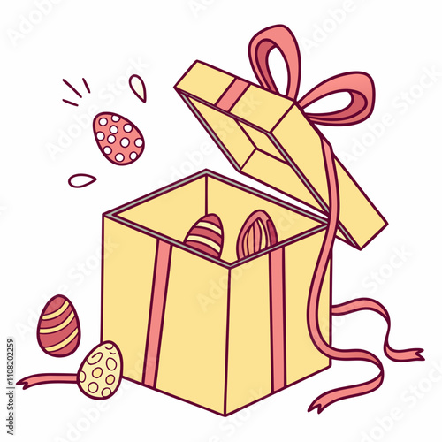 Festively decorated open gift box revealing colorful Easter eggs and ribbons for a joyful surprise
