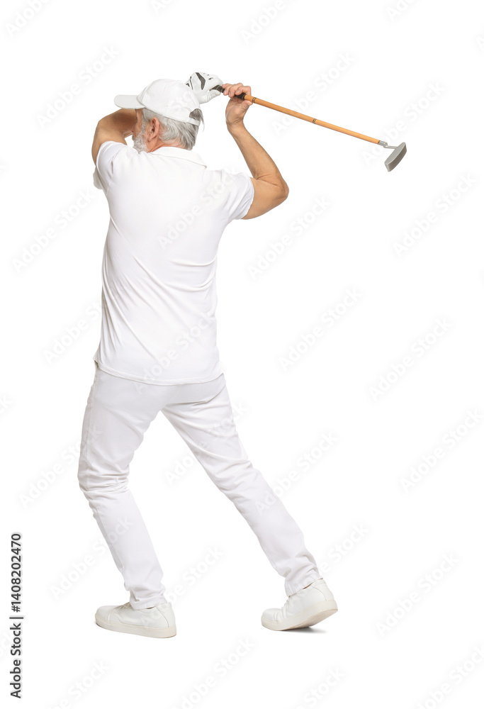 Senior man with golf club on white background, back view Senior man with golf club on white background, back view
