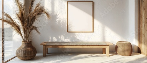 Minimalist Beach House Interior Mockup Wooden Bench, Pampas Grass and Blank Canvas, interior design, mockup interior design, beach house