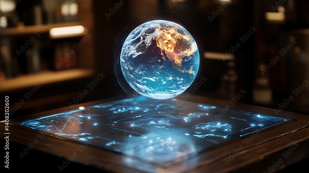 3D holographic Earth globe floating with glowing digital interface high resolution picture
