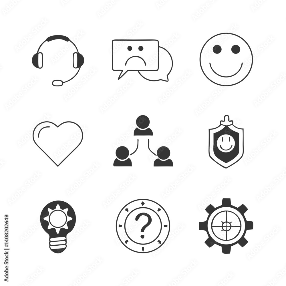 A collection of simple, minimalist icons depicting customer service, feedback, community, security, and problem-solving, all in a clean, modern grayscale style. A collection of simple, minimalist icons depicting customer service, feedback, community, security, and problem-solving, all in a clean, modern grayscale style.