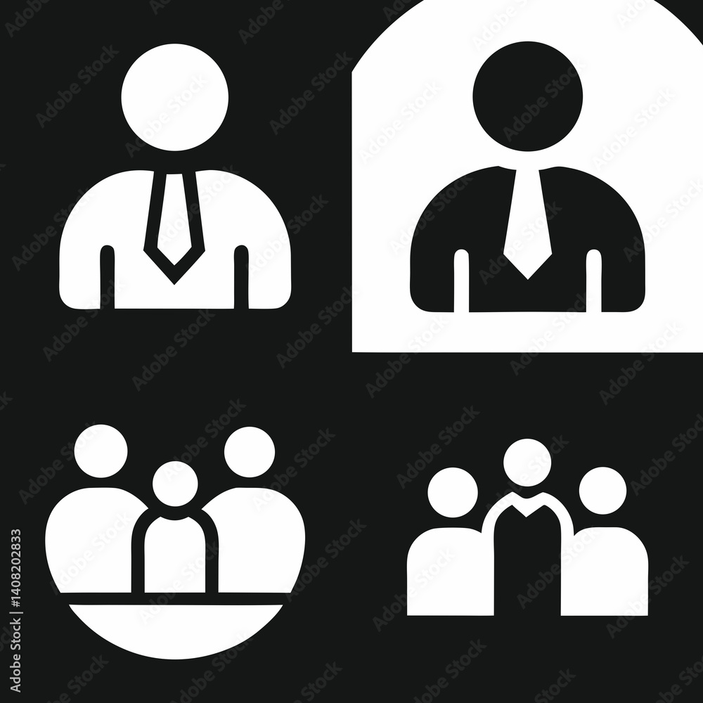A professional team collaborating effectively, showcasing leadership and unity in bold, graphic icons. A professional team collaborating effectively, showcasing leadership and unity in bold, graphic icons.