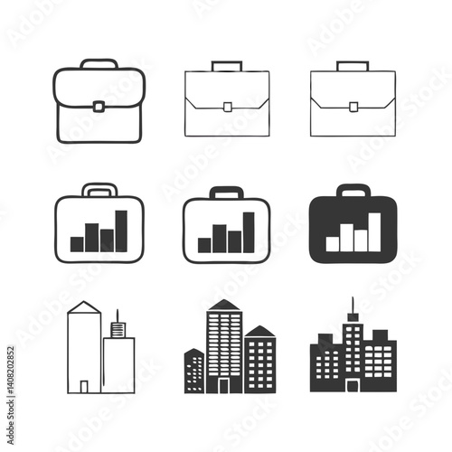 A set of hand-drawn business icons showcasing briefcases, growth charts, and city skylines, offering a simple yet effective visual representation of corporate success in a minimalist style.