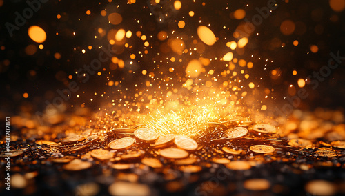 Golden coins glittering with sparks, creating a vibrant and luxurious feel.  Perfect for wealth, success, or prosperity concepts.