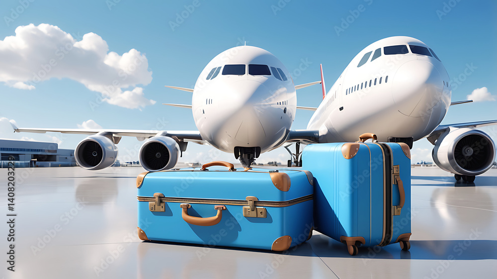 Two suitcases at an airport terminal, blue sky and plane in the background, concept of travel. 3D Rendering Two suitcases at an airport terminal, blue sky and plane in the background, concept of travel. 3D Rendering