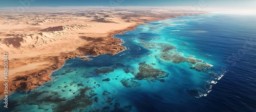 An aerial view of a coastline where turquoise ocean meets sandy desert symbolizes Earth’s diversity. Applications include travel campaigns, environmental studies, or photography exhibits.