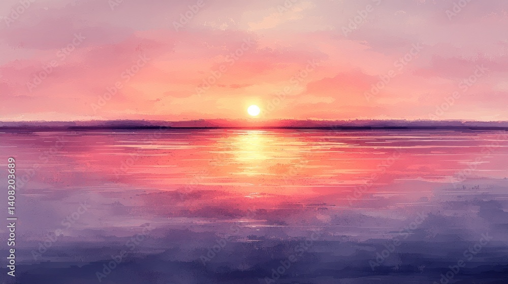 Obraz premium Serene sunset over water. A vibrant, colorful sunset paints the sky and water in soft, pastel hues of pink, orange, and purple.