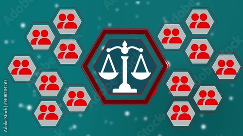 Scale of justice, law and justice in the hands of people Pressing a leadership button on a clear projection screen. Leadership business management