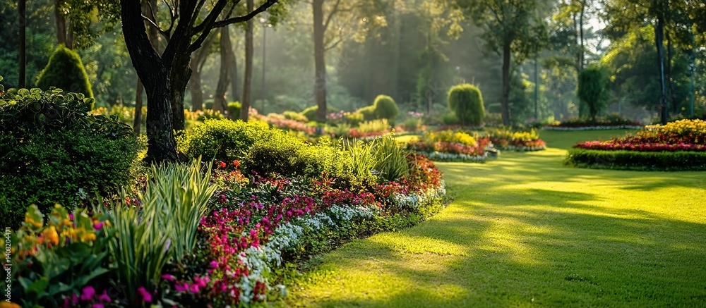 Obraz premium A lush garden with blooming flowers, manicured grass, and shaded trees represents natural harmony. Applications include gardening guides, wellness retreats, or landscape photography.