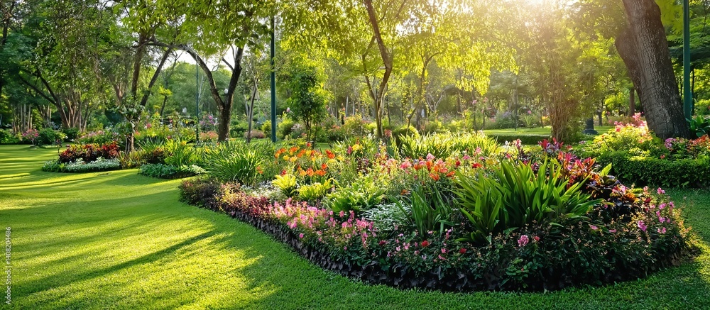 Obraz premium A lush garden with blooming flowers, manicured grass, and shaded trees represents natural harmony. Applications include gardening guides, wellness retreats, or landscape photography.