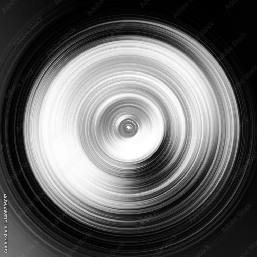 Black and white radial motion effect. Abstract rounded background. Grayscale curves and sphere. Monochrome gradient rings and circles wallpaper. Colorless texture backdrop and banner.