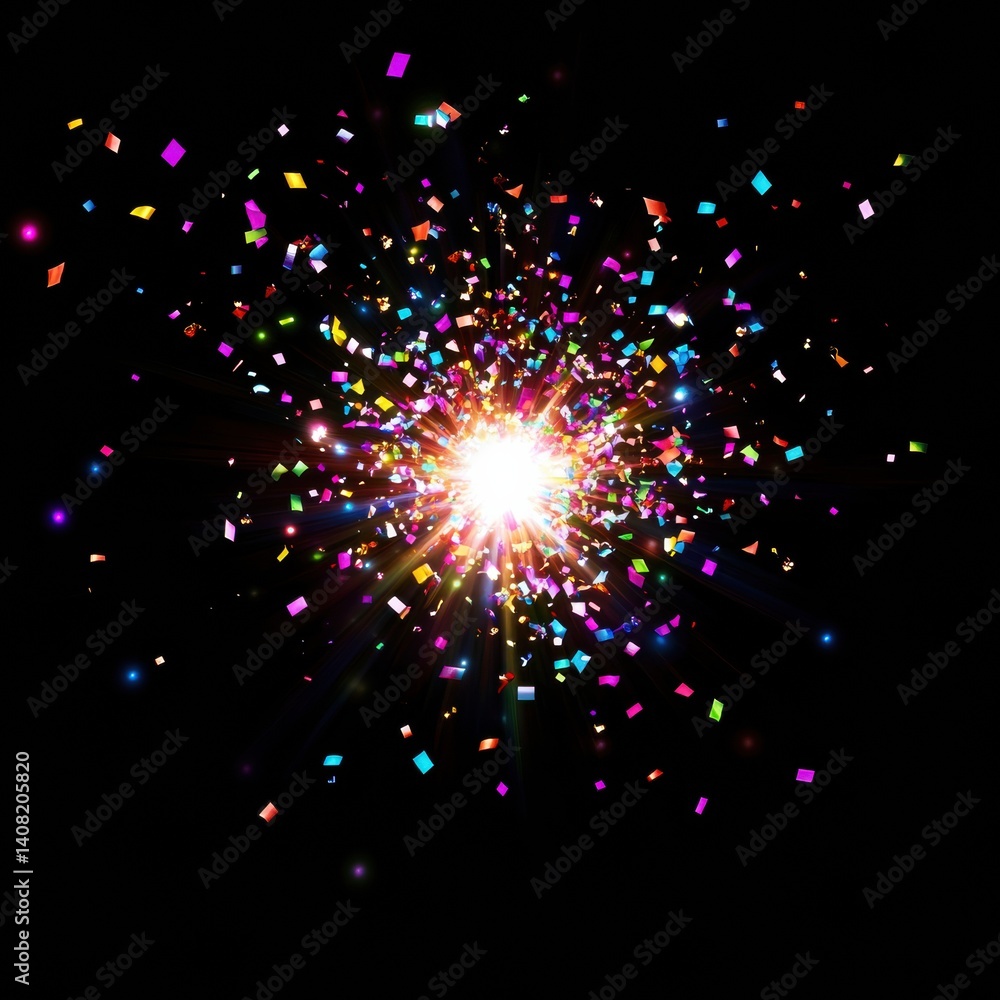 Colorful confetti explosion with glowing circle lens flare isolated on black background for festive celebrations Generative AI Colorful confetti explosion with glowing circle lens flare isolated on black background for festive celebrations Generative AI