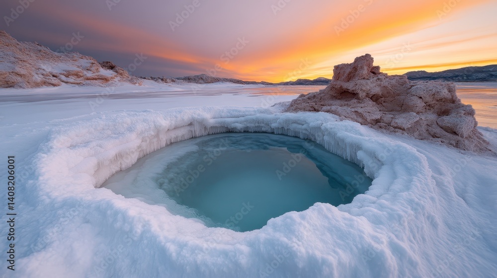 This stunning frozen landscape features an ice-encased pond surrounded by dramatic formations, showcasing the serene beauty of nature and its raw power during wintertime.