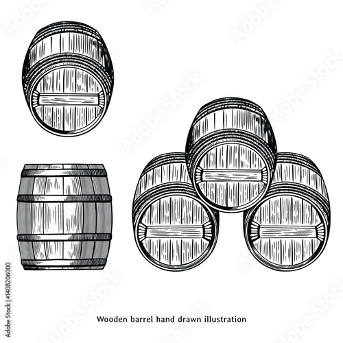 Hand Drawn Wooden Barrel Vintage Illustration, Retro Engraving Style