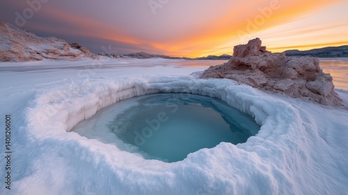 Obraz na płótnie This stunning frozen landscape features an ice-encased pond surrounded by dramatic formations, showcasing the serene beauty of nature and its raw power during wintertime. w salonie