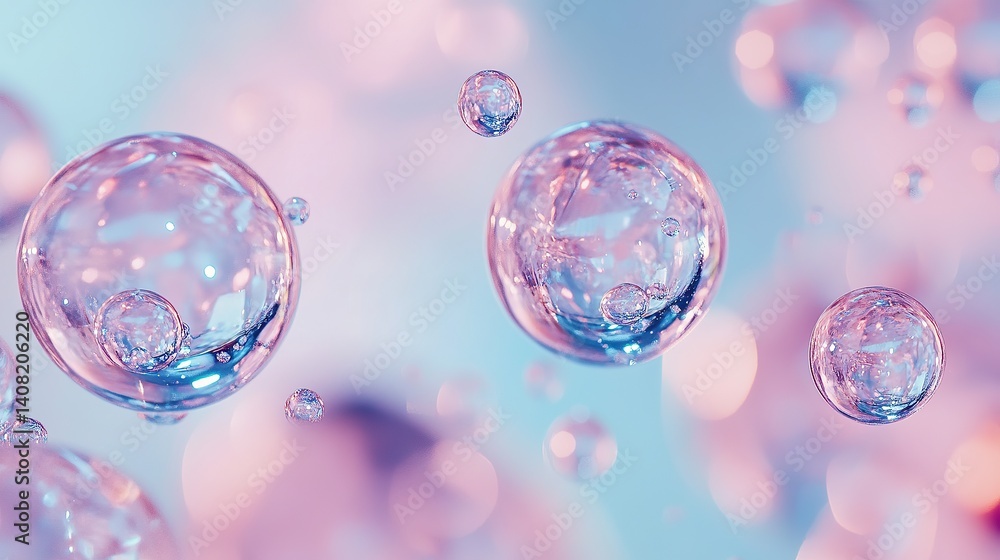 Crystal-clear drops of water-like spheres ricocheting while glowing gently in pinkish and aquamarine tones Crystal-clear drops of water-like spheres ricocheting while glowing gently in pinkish and aquamarine tones