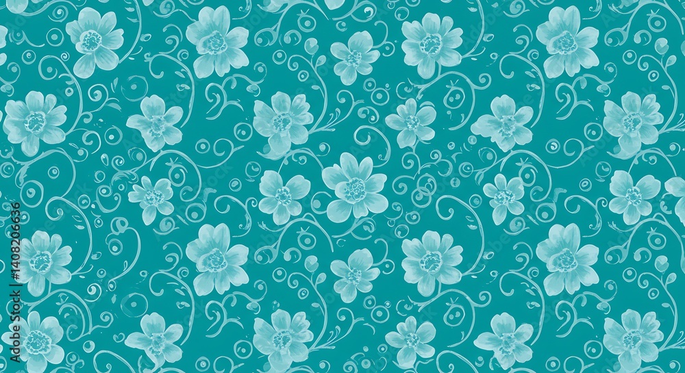 Obraz premium Teal Floral Dreams: Delicate Hand-Drawn Pattern AI Generated