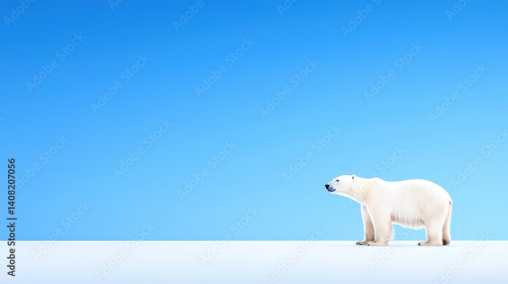 A polar bear is seen strolling across a vast expanse of white snow under a bright blue sky, showcasing its natural habitat in the Arctic. The scene captures the essence of wildlife in winter