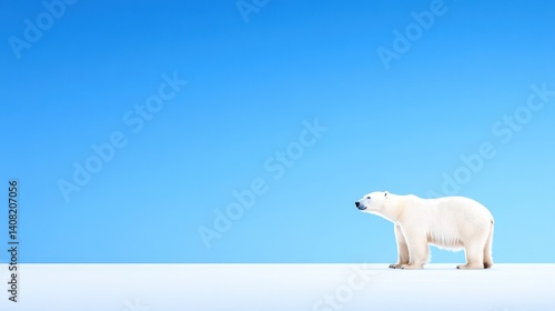 Obraz na płótnie A polar bear is seen strolling across a vast expanse of white snow under a bright blue sky, showcasing its natural habitat in the Arctic. The scene captures the essence of wildlife in winter w salonie