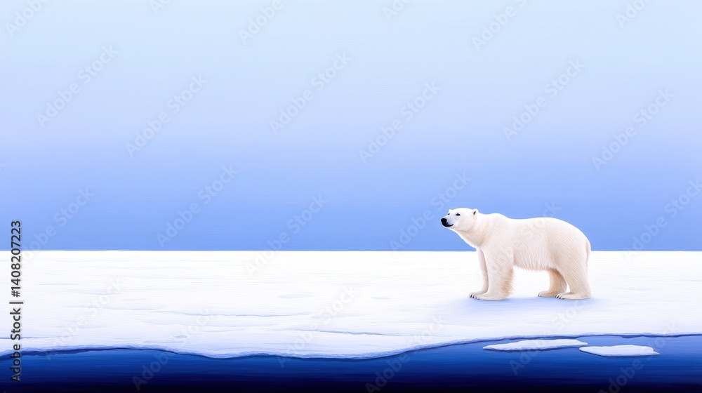 A polar bear roams across a vast expanse of ice in the Arctic. The serene atmosphere is enhanced by the soft twilight sky, creating a tranquil yet striking environment for wildlife