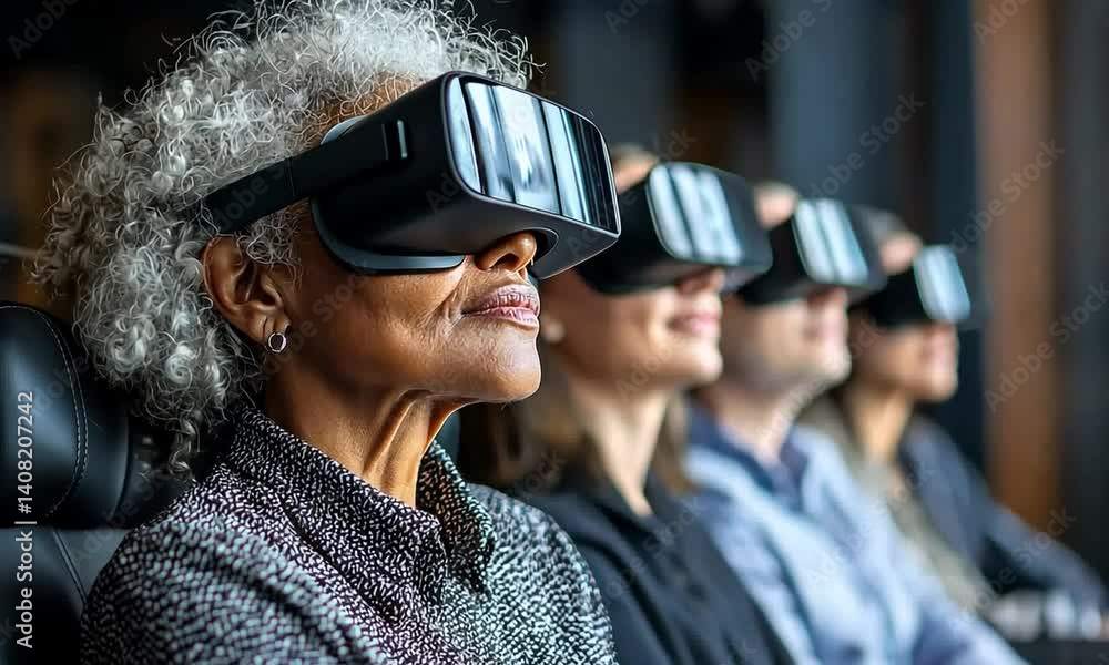 Diverse group engrossed in virtual reality experience. Diverse group engrossed in virtual reality experience.