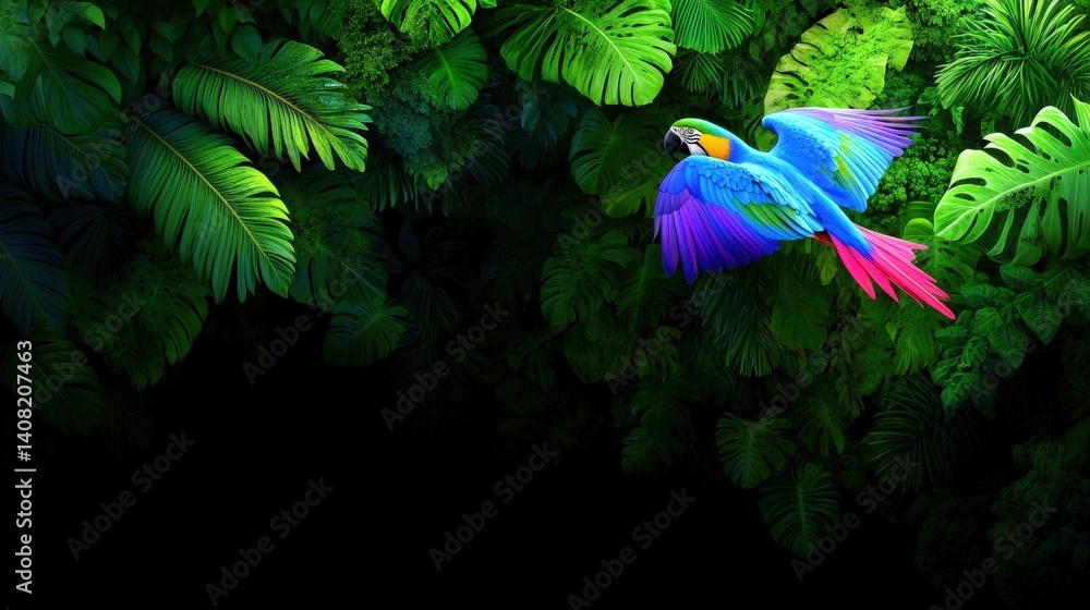 A vibrant parrot soars gracefully above thick green leaves in a tropical forest. The sunlight filters through the foliage, highlighting the bird's bright feathers and the lush surroundings