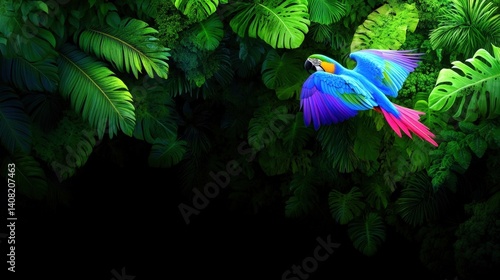 Obraz na płótnie A vibrant parrot soars gracefully above thick green leaves in a tropical forest. The sunlight filters through the foliage, highlighting the bird's bright feathers and the lush surroundings w salonie