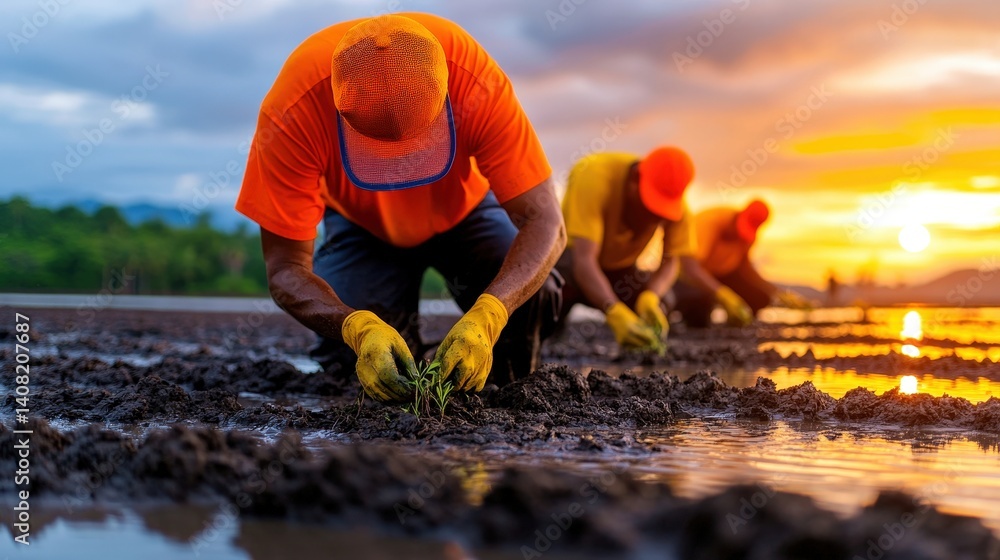 Workers are bent over in a rice paddy, planting seedlings as the sun sets behind them, casting an orange glow over the landscape in a tranquil rural setting