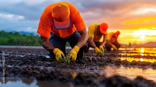 Obraz na płótnie Workers are bent over in a rice paddy, planting seedlings as the sun sets behind them, casting an orange glow over the landscape in a tranquil rural setting w salonie