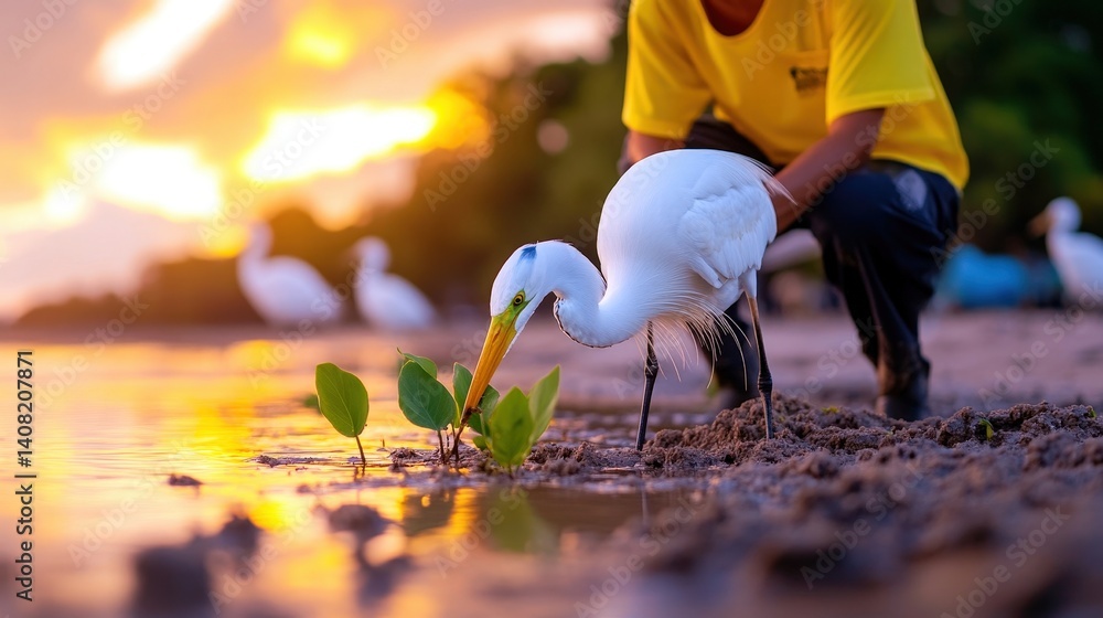 A person in a yellow shirt kneels by the shore at sunset, observing an egret as it searches for food among plants in the shallows. The shoreline reflects warm colors of the sky
