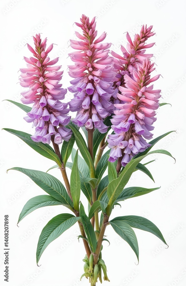 Naklejka premium Wild astragalus membranaceus flowers isolated on white background. Pink, purple blooms, green leaves, stems. Herbal medicine plant extract for healthcare, medical purposes. Botany study, botanical