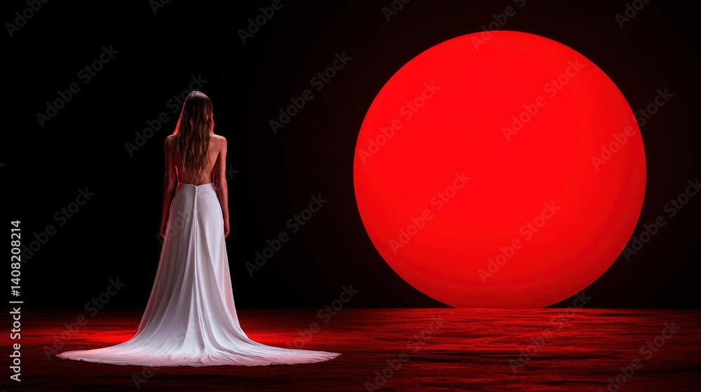 A graceful figure in a flowing white gown stands with her back to the viewer, gazing at a vivid red sun setting on the horizon, creating an artistic ambiance filled with emotion and depth