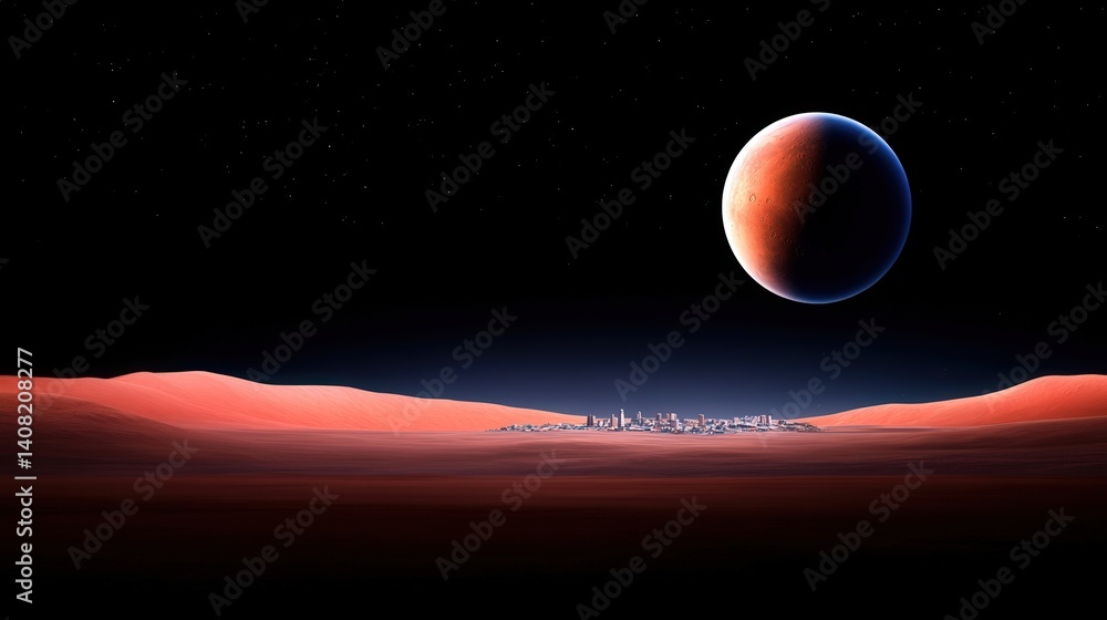 A sprawling city lies beneath a stunning red planet, bathed in twilight. The landscape features dark rolling dunes and a starry sky, creating a captivating extraterrestrial environment