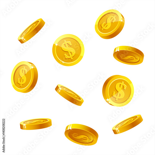 Coin set. Gold coins of one dollar. Golden money of dollars. Isolated vector 10 eps.