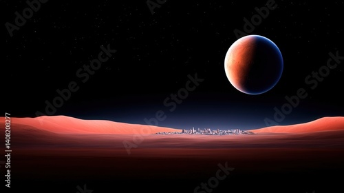 Obraz na płótnie A sprawling city lies beneath a stunning red planet, bathed in twilight. The landscape features dark rolling dunes and a starry sky, creating a captivating extraterrestrial environment w salonie