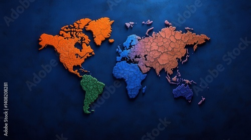 This creative representation of the world features continents in bright colors contrasting against a dark blue backdrop. Each region is distinctively colored, emphasizing global diversity