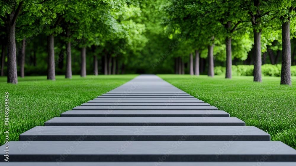 A smooth pathway stretches ahead, bordered by tall trees with abundant green leaves. The tranquil scene invites visitors to enjoy peaceful strolls and nature A smooth pathway stretches ahead, bordered by tall trees with abundant green leaves. The tranquil scene invites visitors to enjoy peaceful strolls and nature